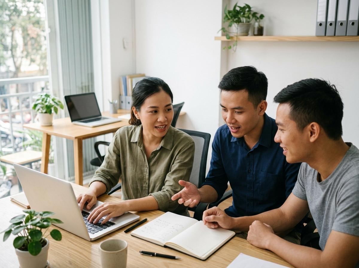 Ba đồng nghiệp trẻ ngồi bàn luận công việc trong văn phòng nhỏ